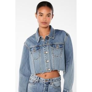 ARIZONA Womens Denim Jacket Size Large Medium Wash Cropped Frayed Distressed‎